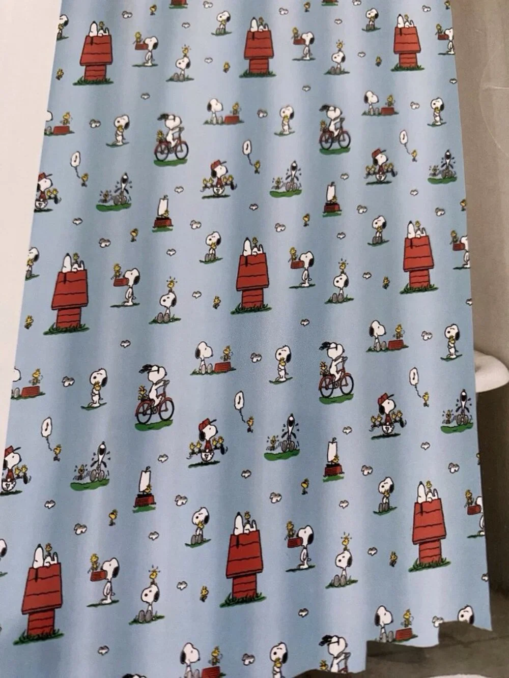Peanuts Snoopy Woodstock Fabric Shower Curtain 72x 72 Doghouse Bicycle Laugh NEW